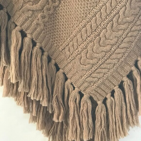 Lauren Ralph Lauren poncho brown women's S/M cable knit fringe lambswool boho - Picture 5 of 6